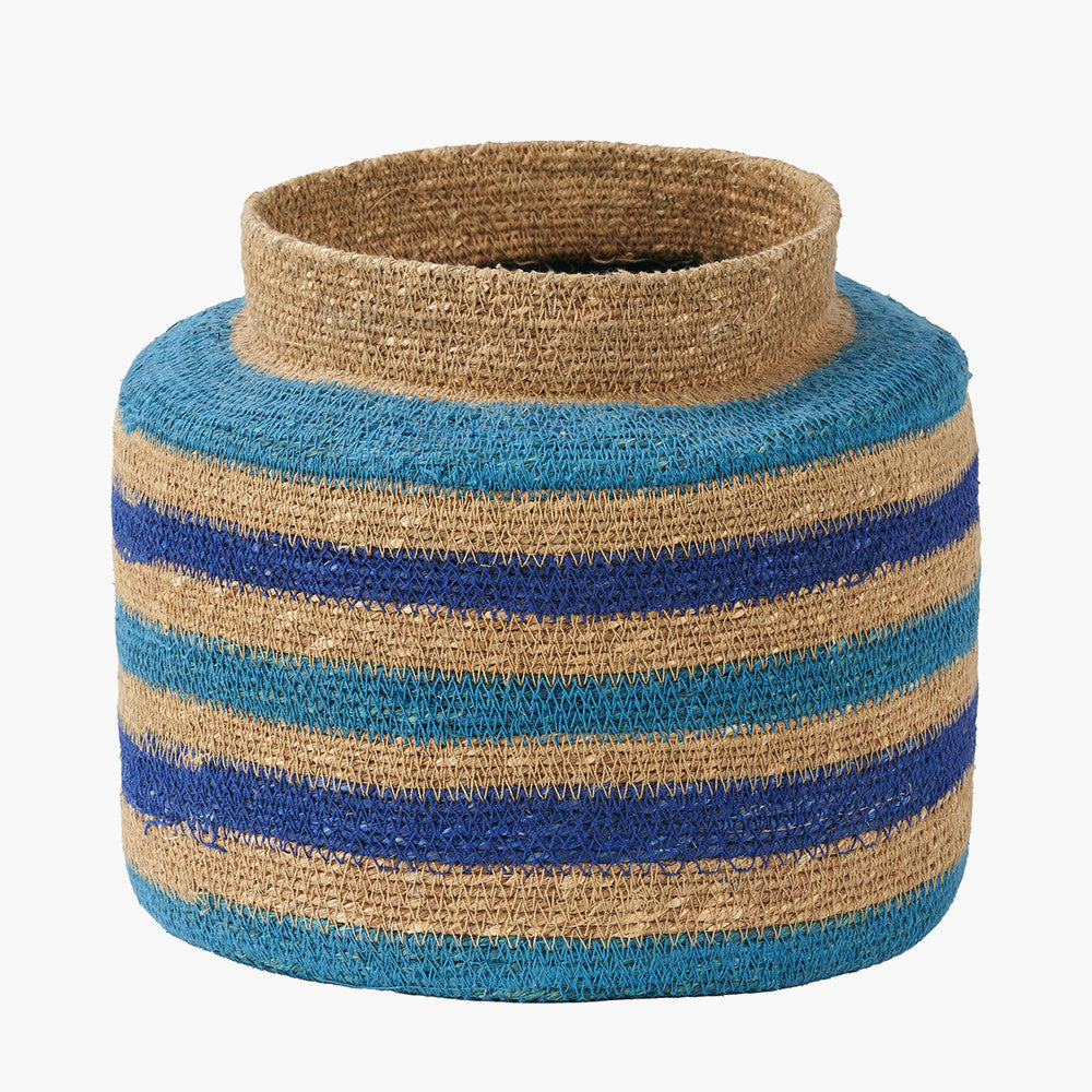 Seagrass Blue & Turquoise Stripe Storage Basket – Handwoven Coastal Round Plant Holder W26×D26×H23cm