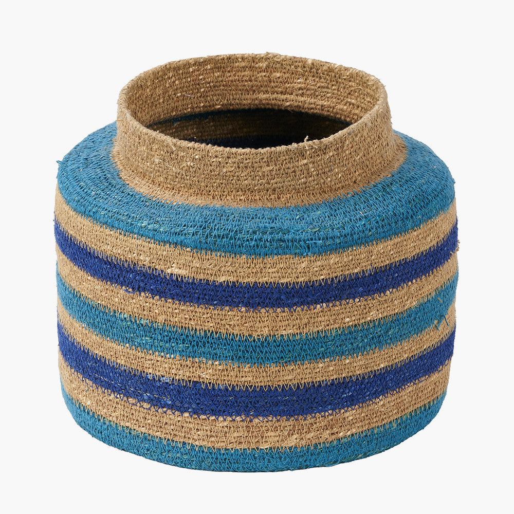 Seagrass Blue & Turquoise Stripe Storage Basket – Handwoven Coastal Round Plant Holder W26×D26×H23cm