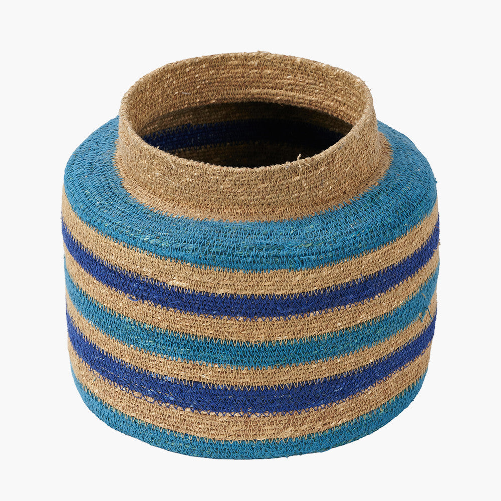 Seagrass Blue & Turquoise Stripe Storage Basket – Handwoven Coastal Round Plant Holder W26×D26×H23cm