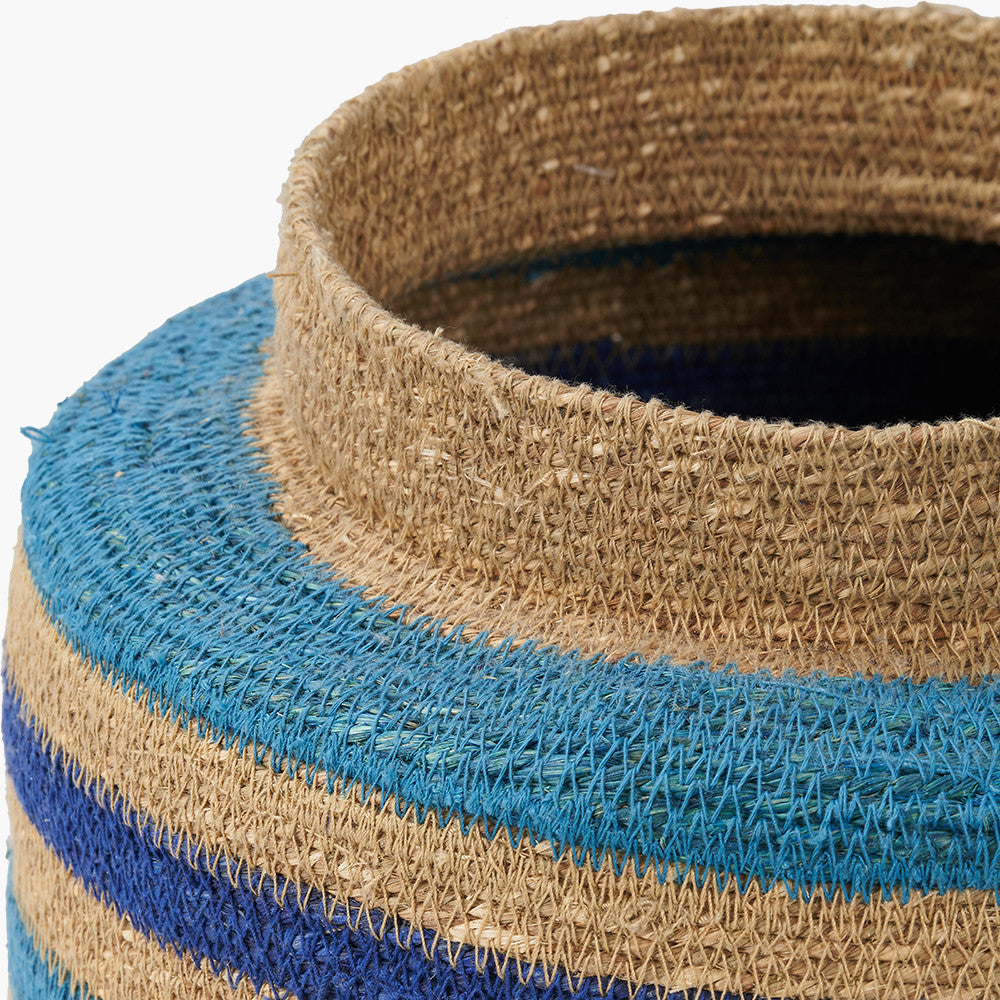 Seagrass Blue & Turquoise Stripe Storage Basket – Handwoven Coastal Round Plant Holder W26×D26×H23cm