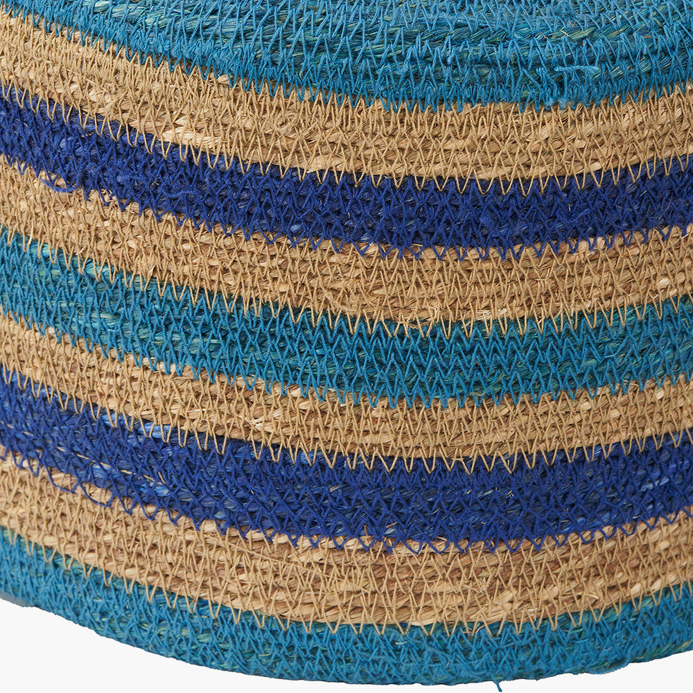 Seagrass Blue & Turquoise Stripe Storage Basket – Handwoven Coastal Round Plant Holder W26×D26×H23cm