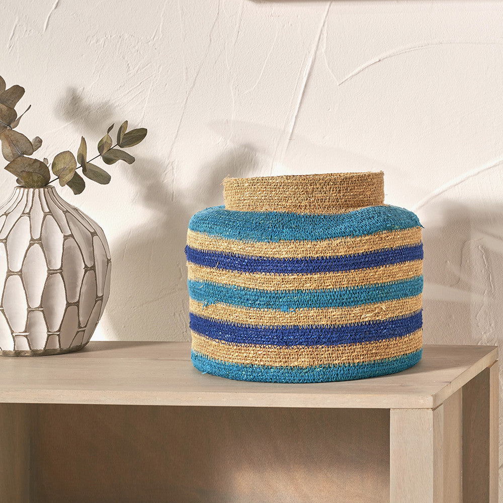 Seagrass Blue & Turquoise Stripe Storage Basket – Handwoven Coastal Round Plant Holder W26×D26×H23cm
