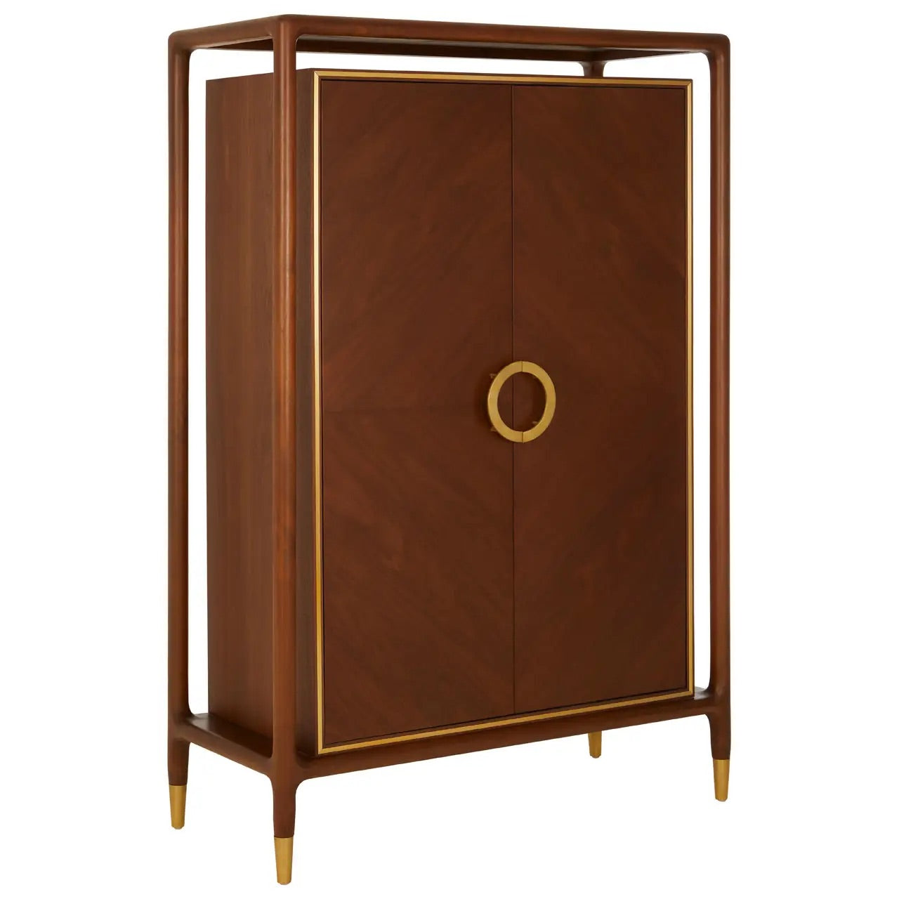 Premium Walnut Wood with elegant brass finishing accents elevate the look with a refined touch. Full Assembled. The two large doors open with three shelves and two drawers. Shop online today at www.nobleandnook.co.uk