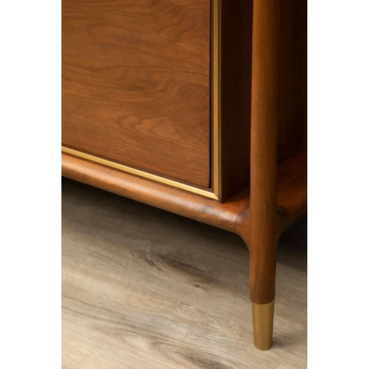 Premium Walnut Wood with elegant brass finishing accents elevate the look with a refined touch. Full Assembled. The two large doors open with three shelves and two drawers. Shop online today at www.nobleandnook.co.uk