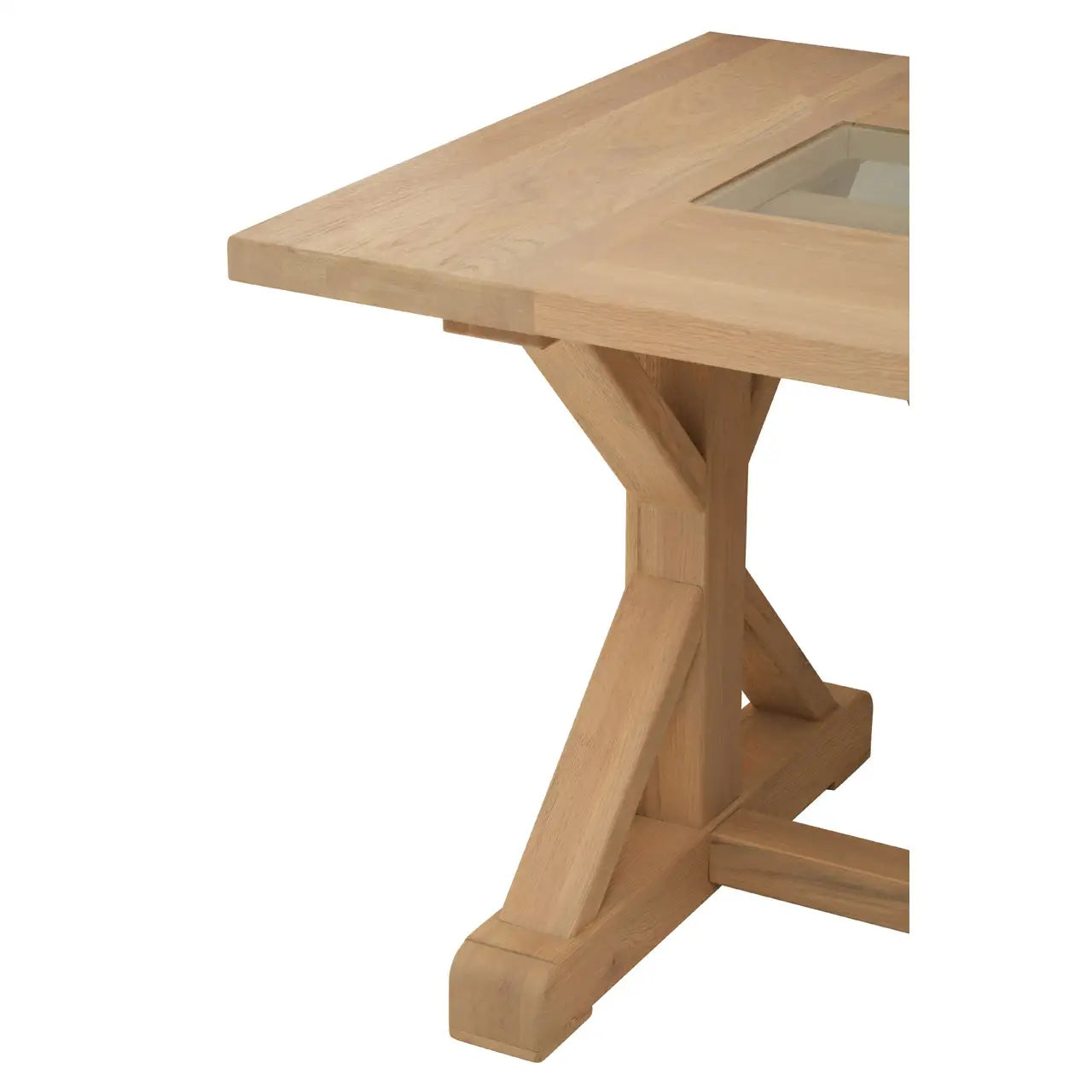 This Rustic American Oak Dining Table showcases a distinctive angular design, blending handcrafted oak with an aged grey glass insert for an elegant yet raw aesthetic. Shop online today at www.nobleandnook.co.uk