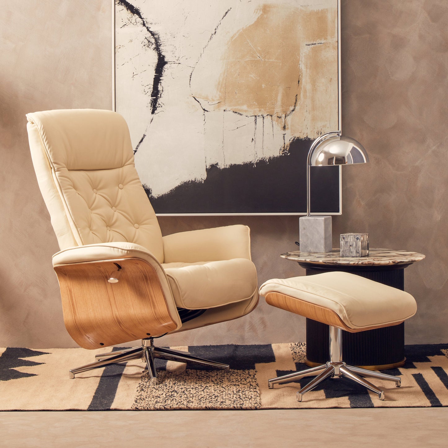 The Belmont Recliner Chair and Footstool combines modern aesthetics with superior comfort, this set is ideal for a home office, reading nook, or relaxing space. Shop online today at www.nobleandnook.co.uk
