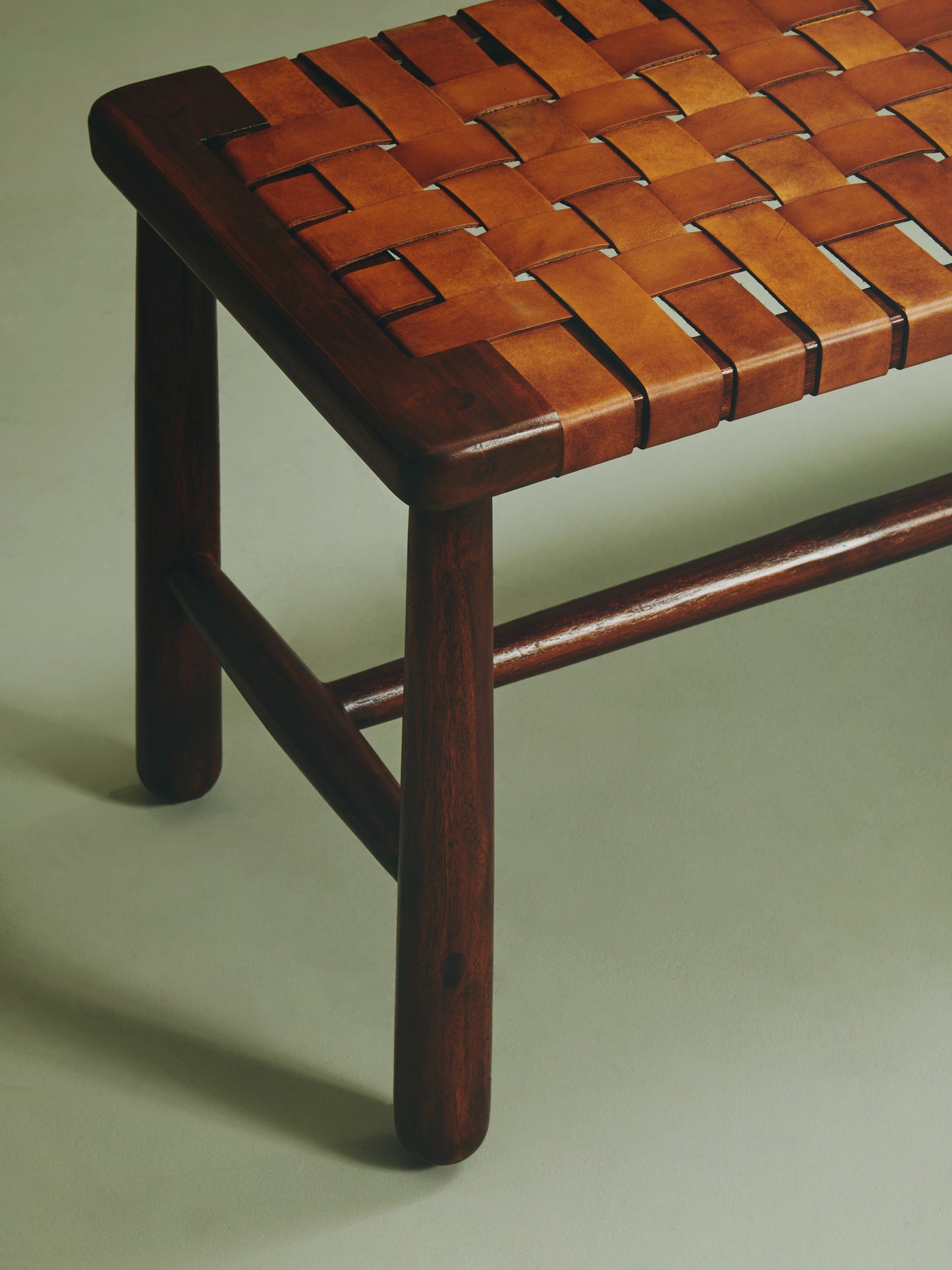 Mid-Century Tan Leather Bench with Teak Base