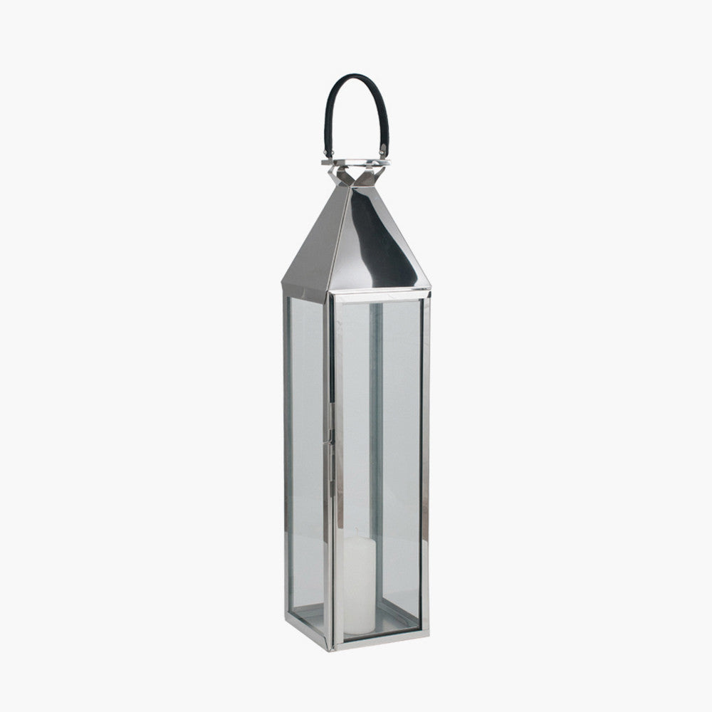Silver Stainless Steel and Glass Lantern Large – Elegant Shiny Nickel Finish