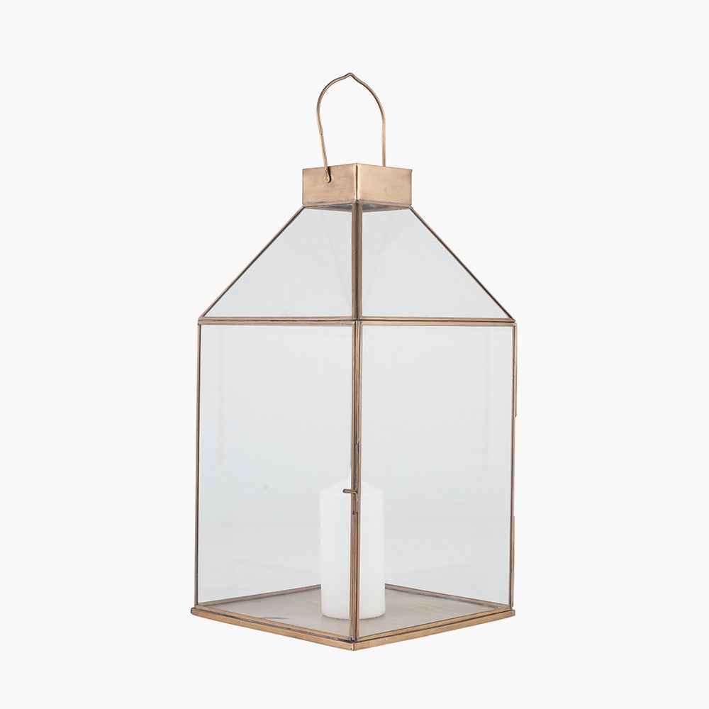 Shiny Brass Metal and Glass Square Lantern – Modern Candle Holder for Ambient Home Lighting