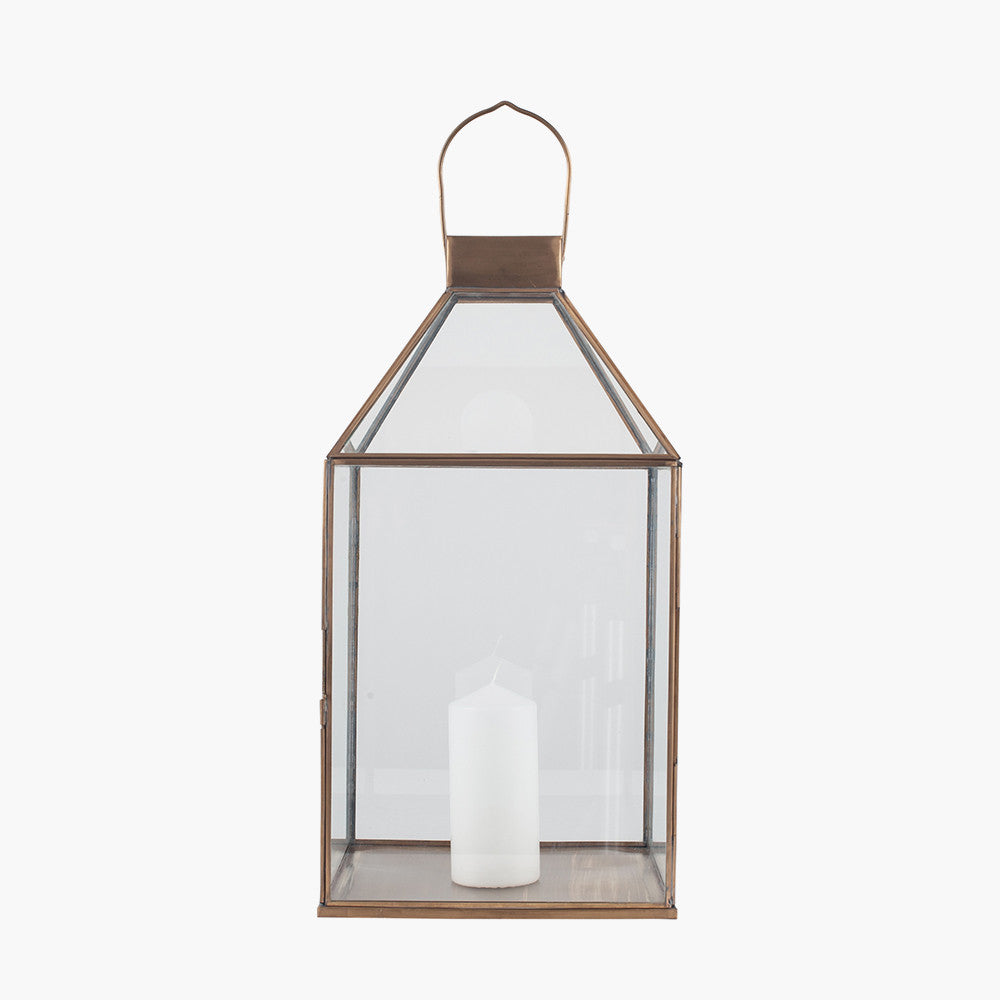Shiny Brass Metal and Glass Square Lantern – Modern Candle Holder for Ambient Home Lighting