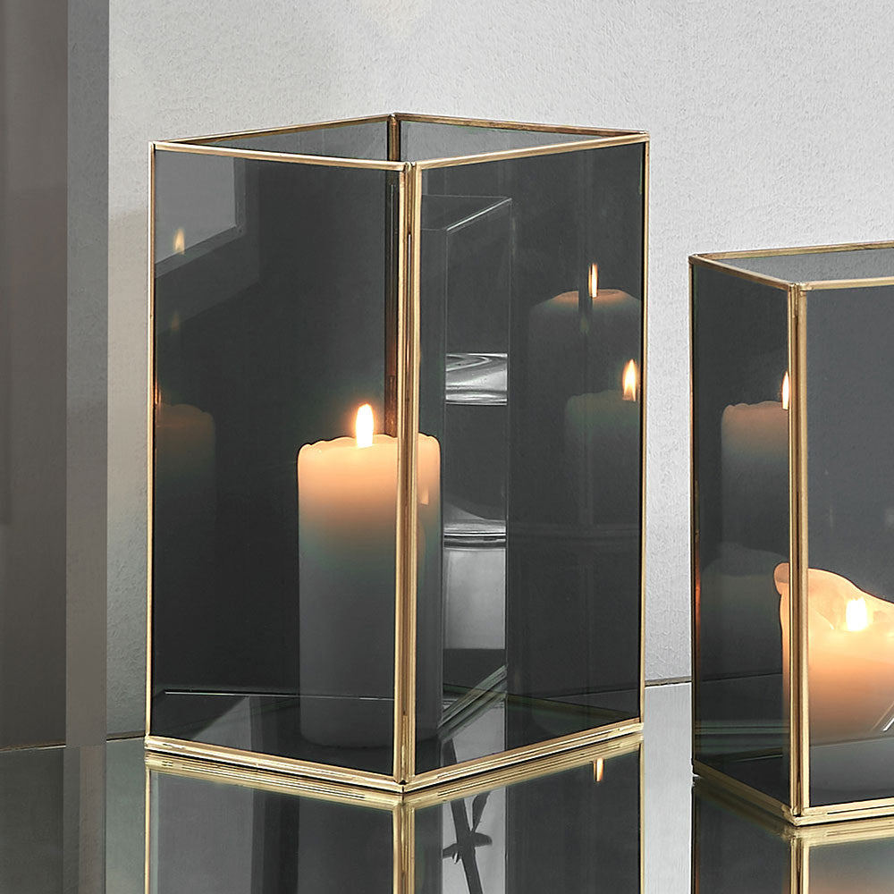 Brass Metal and Smoked Glass Panelled Square Hurricane Large – Timeless Modern Lantern