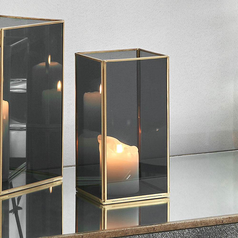 Brass Metal and Smoked Glass Panelled Square Hurricane Medium – Elegant Modern Lantern