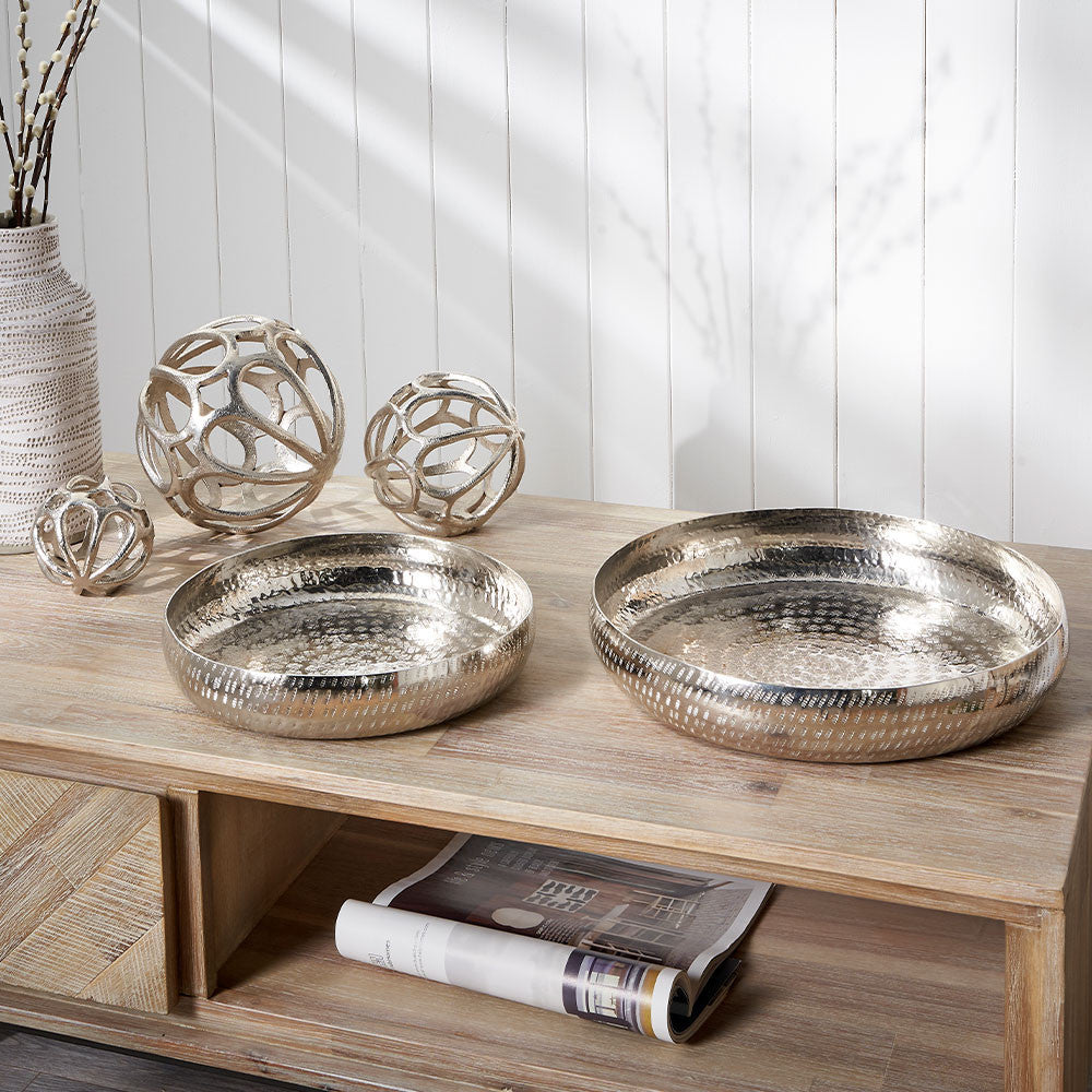 Set of 2 Silver Hammered Metal Bowls – Elegant Textured Decorative Dishes for Modern Homes