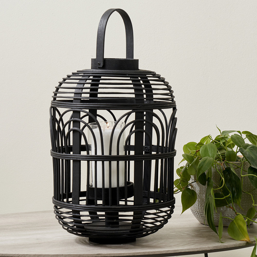 Black Bamboo and Glass Lantern Small – Contemporary Natural Elegance