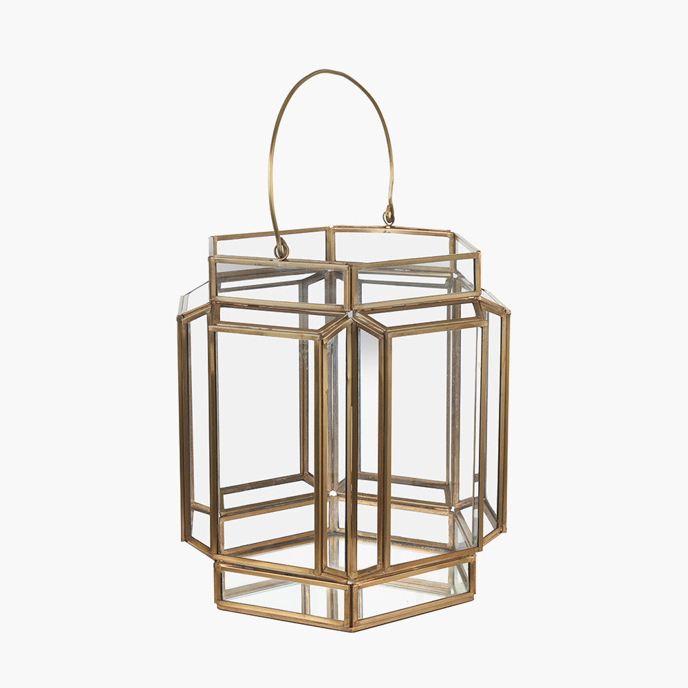 Shiny Brass Metal and Glass Hexagon Wide Lantern – Modern Decorative Home Accent