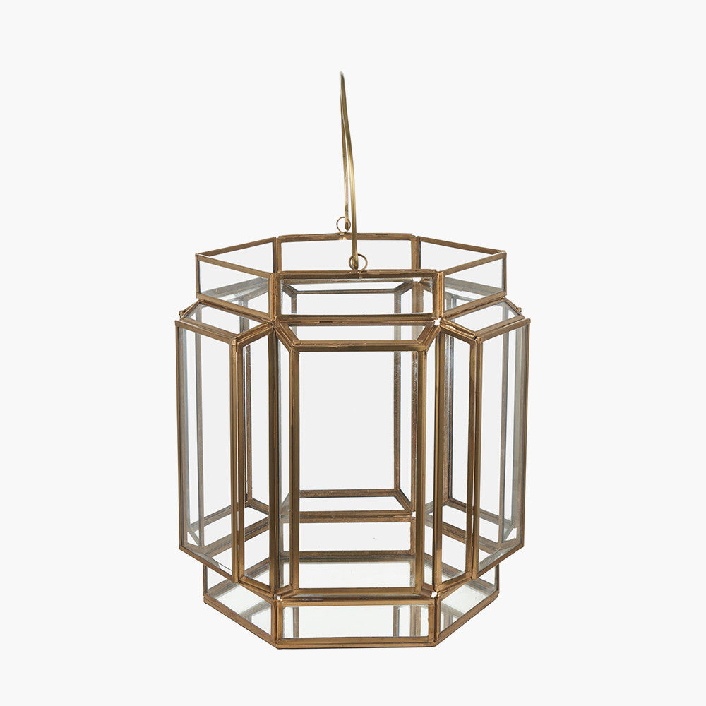 Shiny Brass Metal and Glass Hexagon Wide Lantern – Modern Decorative Home Accent