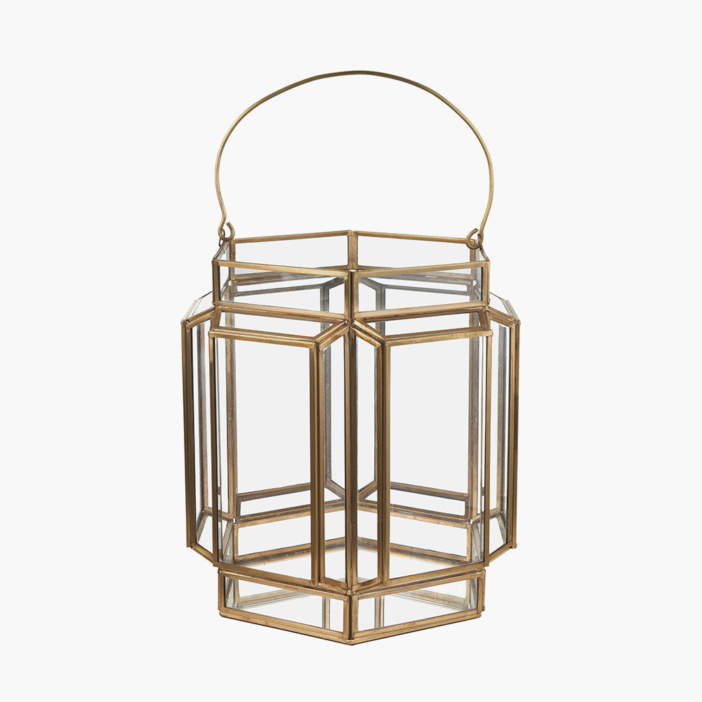 Shiny Brass Metal and Glass Hexagon Wide Lantern – Modern Decorative Home Accent