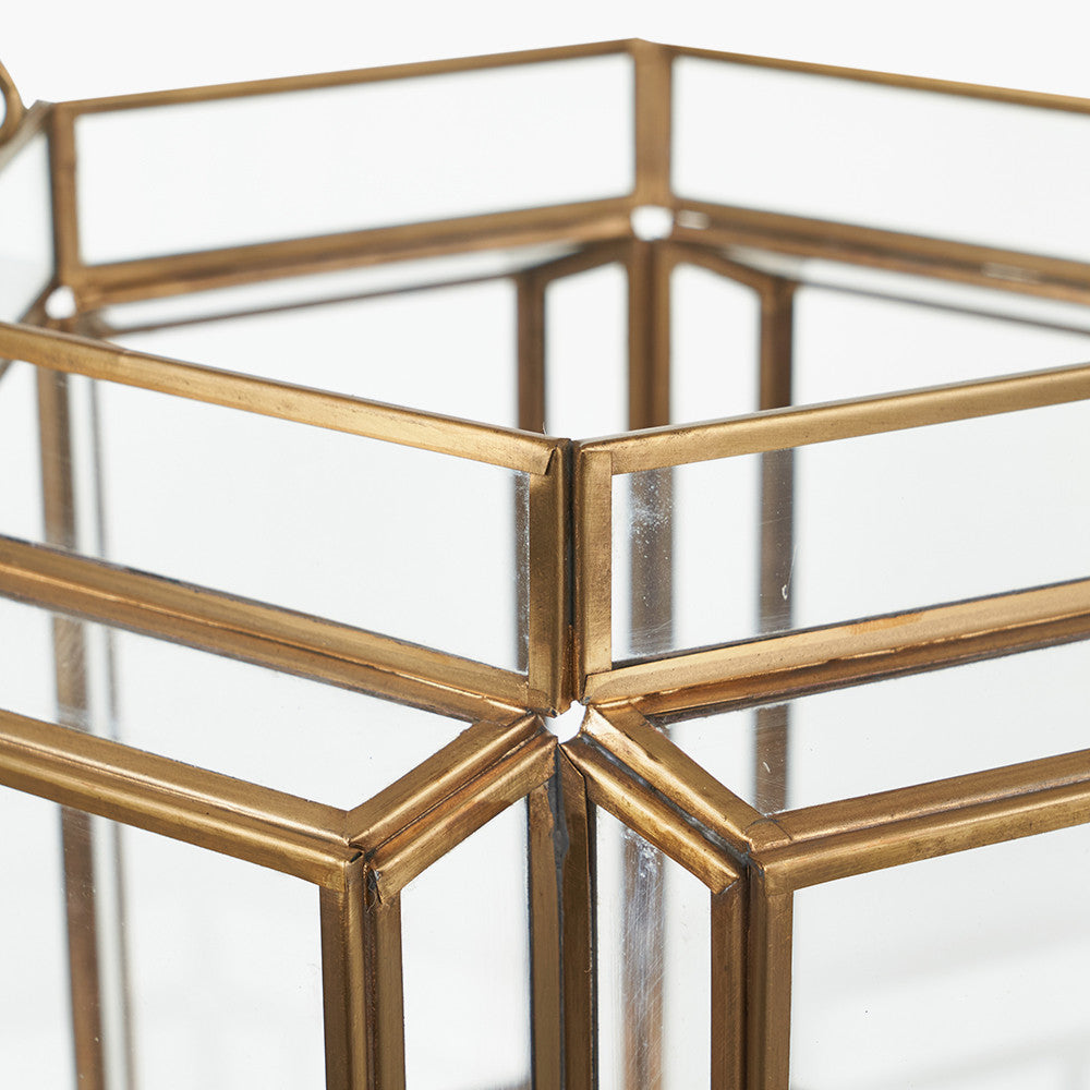 Shiny Brass Metal and Glass Hexagon Wide Lantern – Modern Decorative Home Accent