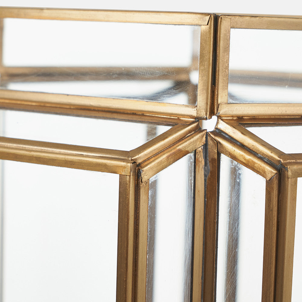 Shiny Brass Metal and Glass Hexagon Wide Lantern – Modern Decorative Home Accent