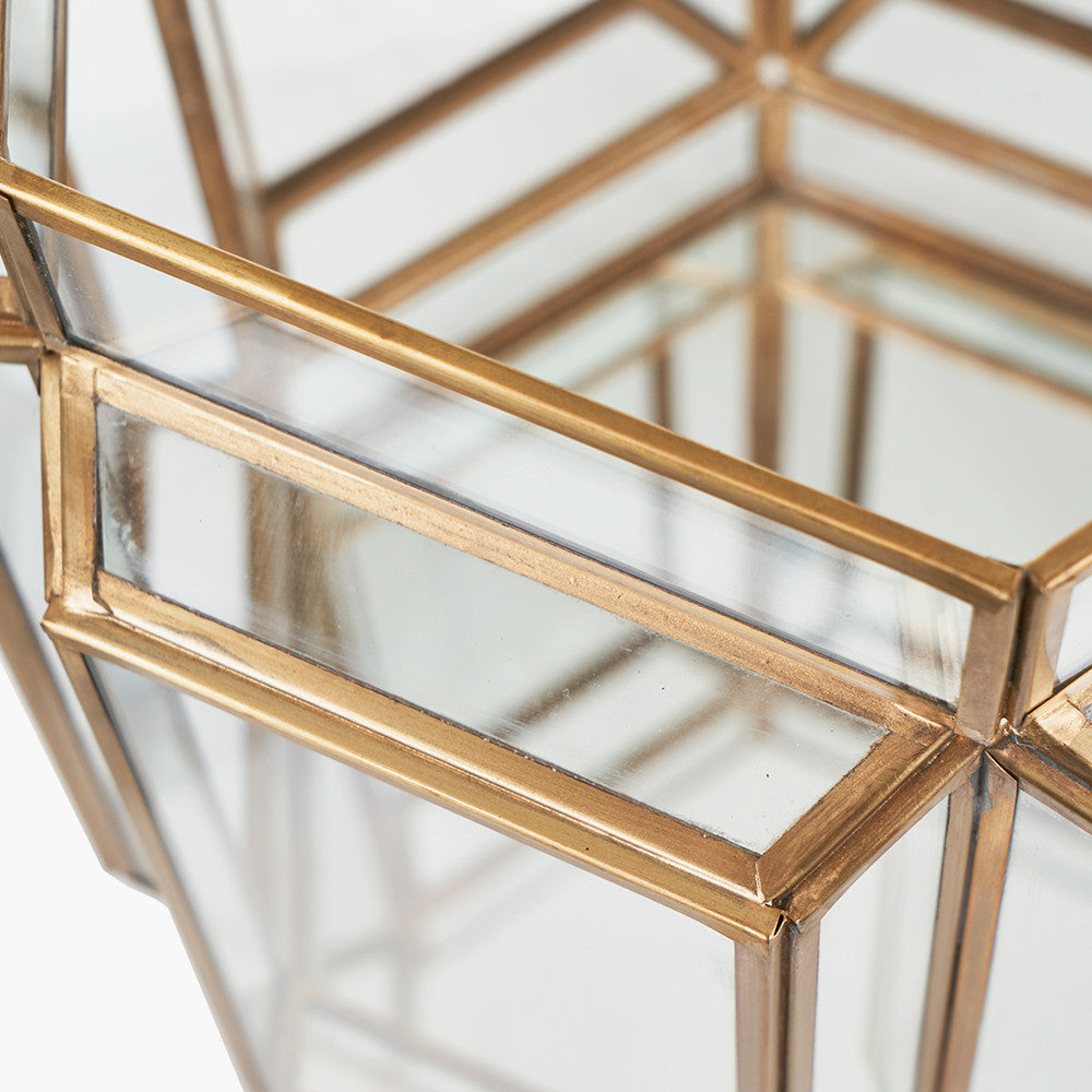 Shiny Brass Metal and Glass Hexagon Wide Lantern – Modern Decorative Home Accent