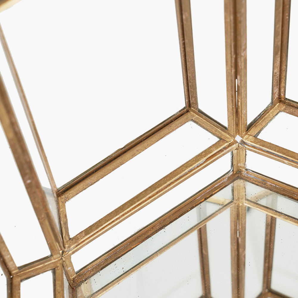 Shiny Brass Metal and Glass Hexagon Wide Lantern – Modern Decorative Home Accent