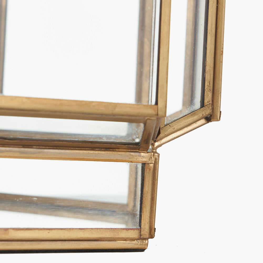 Shiny Brass Metal and Glass Hexagon Wide Lantern – Modern Decorative Home Accent