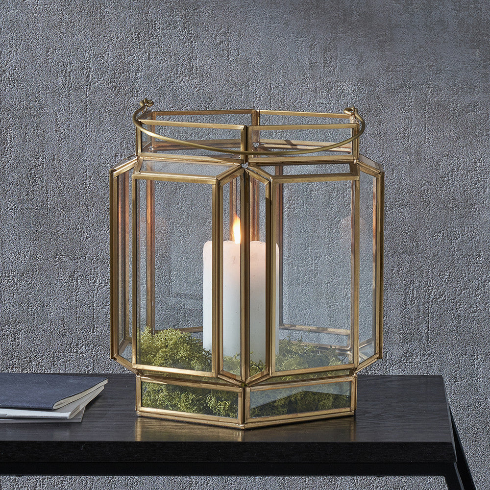 Shiny Brass Metal and Glass Hexagon Wide Lantern – Modern Decorative Home Accent