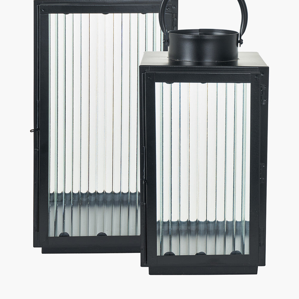Set of 2 Black Metal and Ribbed Glass Lanterns – Modern Candle Holders for UK Homes