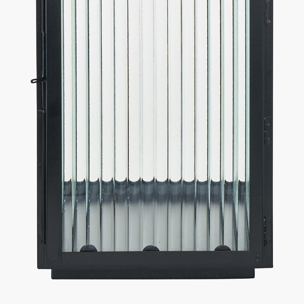 Set of 2 Black Metal and Ribbed Glass Lanterns – Modern Candle Holders for UK Homes