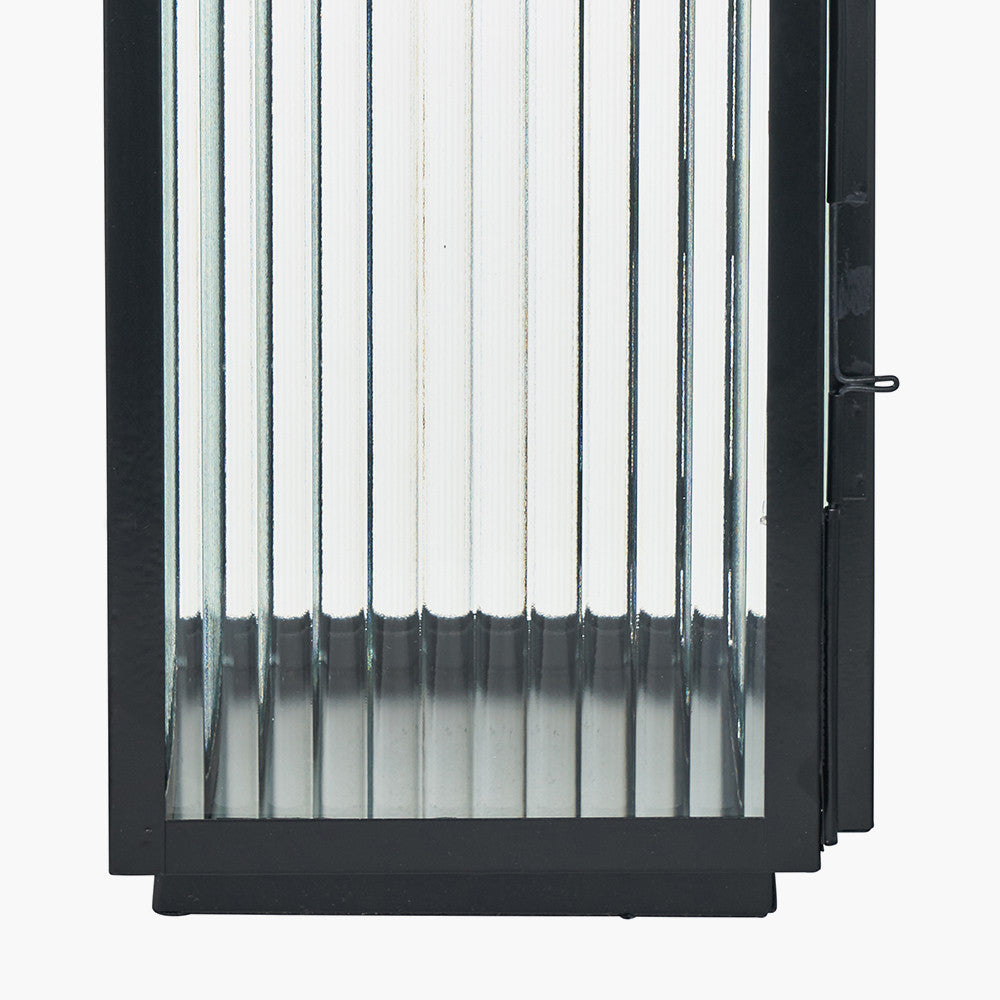 Set of 2 Black Metal and Ribbed Glass Lanterns – Modern Candle Holders for UK Homes