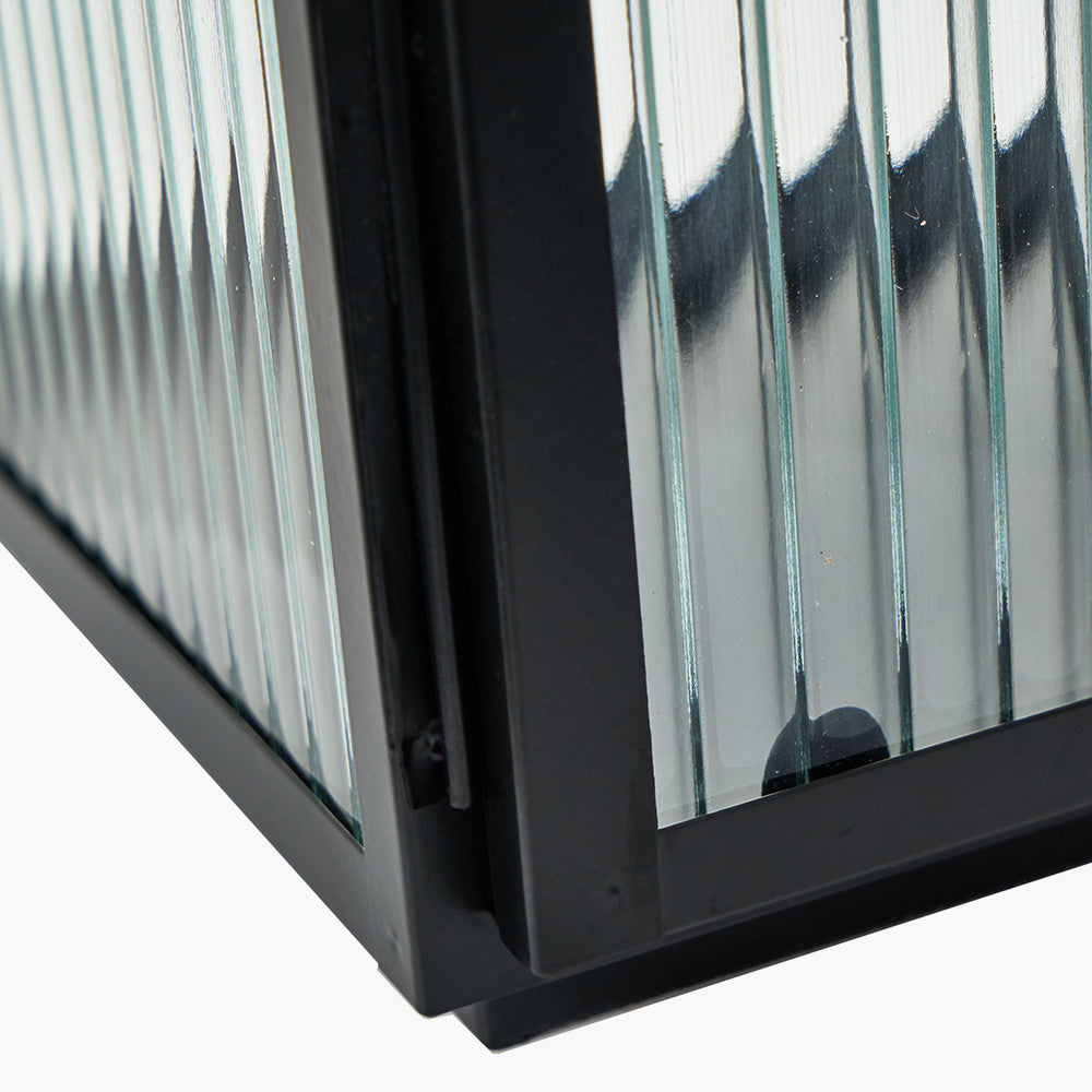Set of 2 Black Metal and Ribbed Glass Lanterns – Modern Candle Holders for UK Homes
