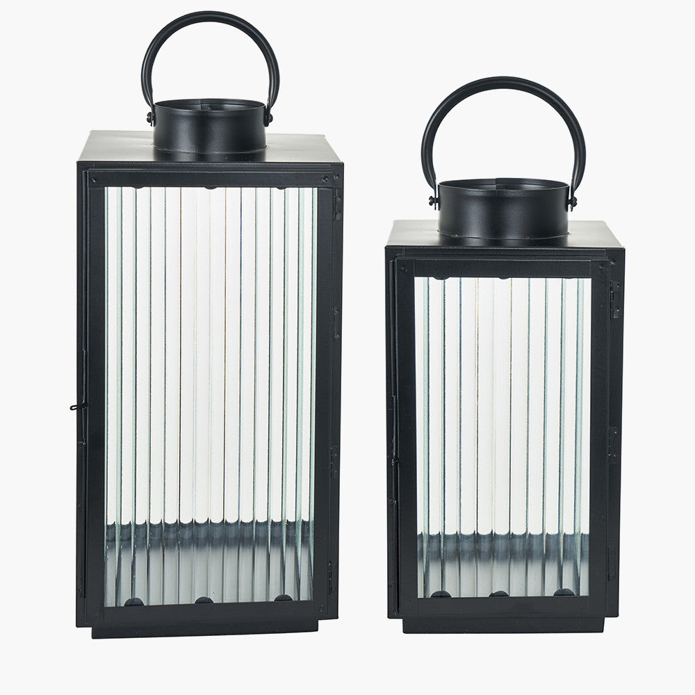 Set of 2 Black Metal and Ribbed Glass Lanterns – Modern Candle Holders for UK Homes