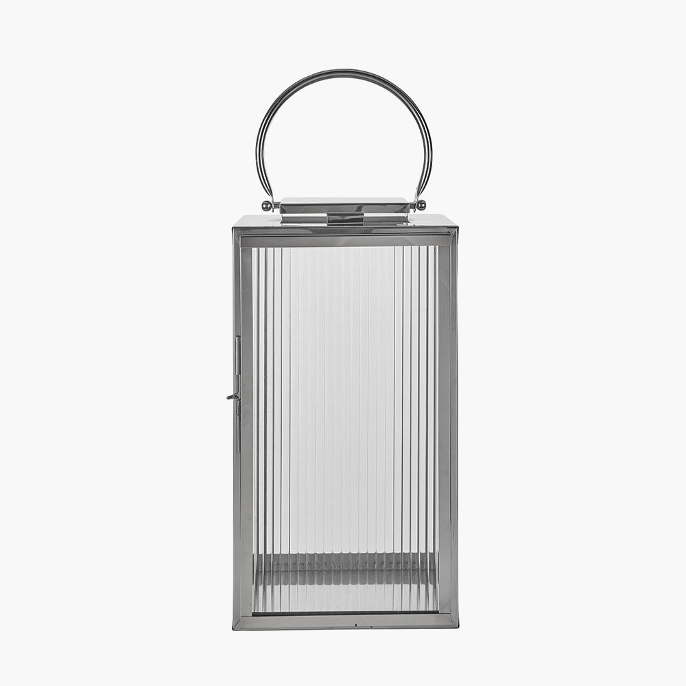 Silver Metal and Ribbed Glass Lantern Large – Contemporary Glamour for Your Home