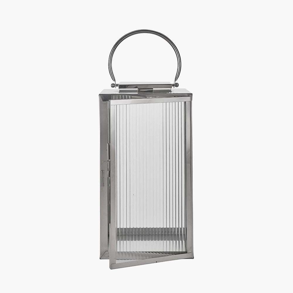 Silver Metal and Ribbed Glass Lantern Large – Contemporary Glamour for Your Home