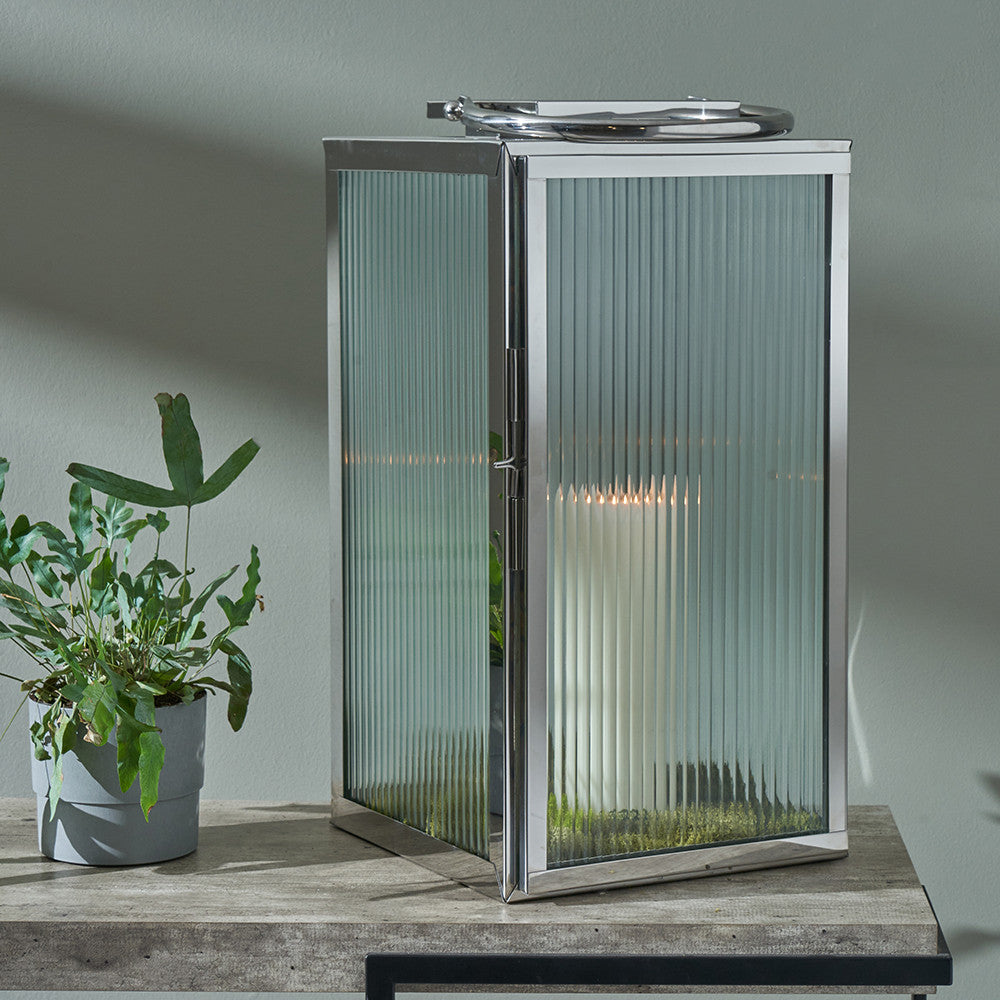 Silver Metal and Ribbed Glass Lantern Large – Contemporary Glamour for Your Home