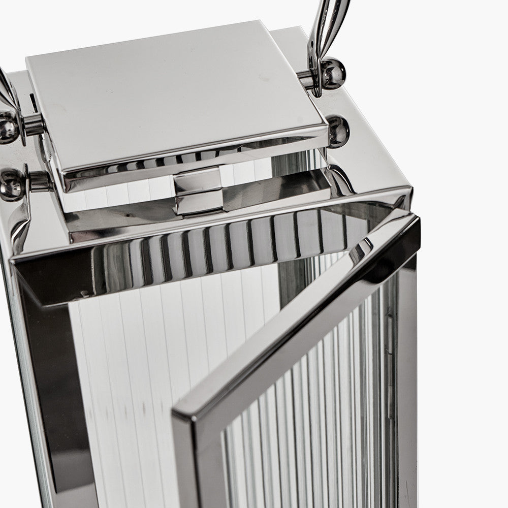 Silver Metal and Ribbed Glass Lantern Small – Elegant Contemporary Home Accent