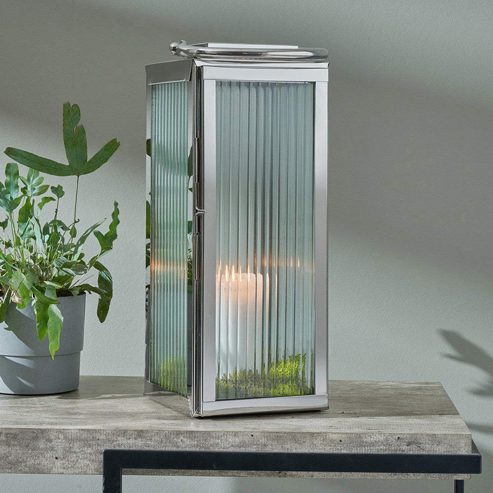Silver Metal and Ribbed Glass Lantern Small – Elegant Contemporary Home Accent