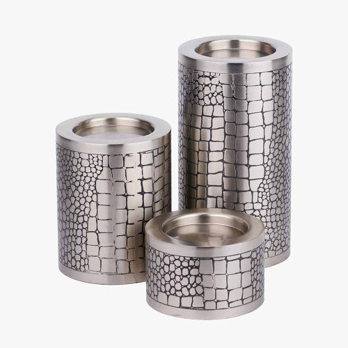 Set of 3 Antique Silver Croc Print Metal Pillar Candle Holders – Luxury Candle Stands