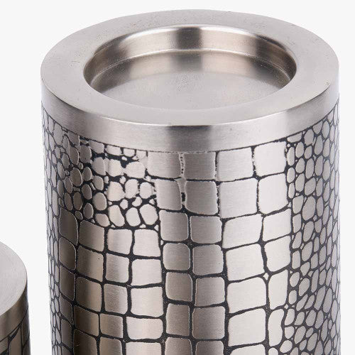 Set of 3 Antique Silver Croc Print Metal Pillar Candle Holders – Luxury Candle Stands