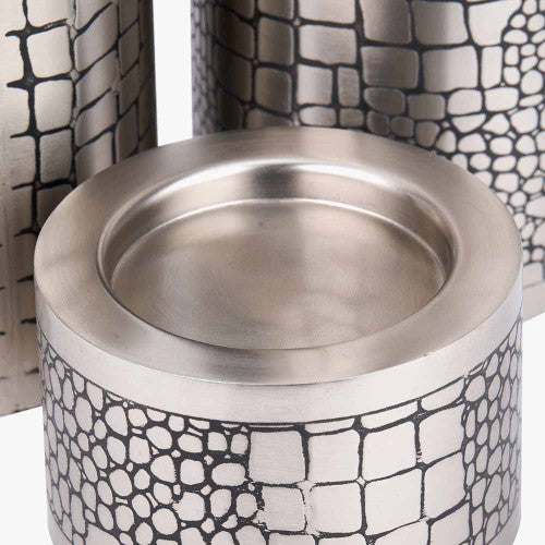 Set of 3 Antique Silver Croc Print Metal Pillar Candle Holders – Luxury Candle Stands