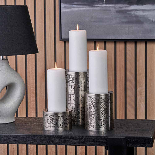 Set of 3 Antique Silver Croc Print Metal Pillar Candle Holders – Luxury Candle Stands