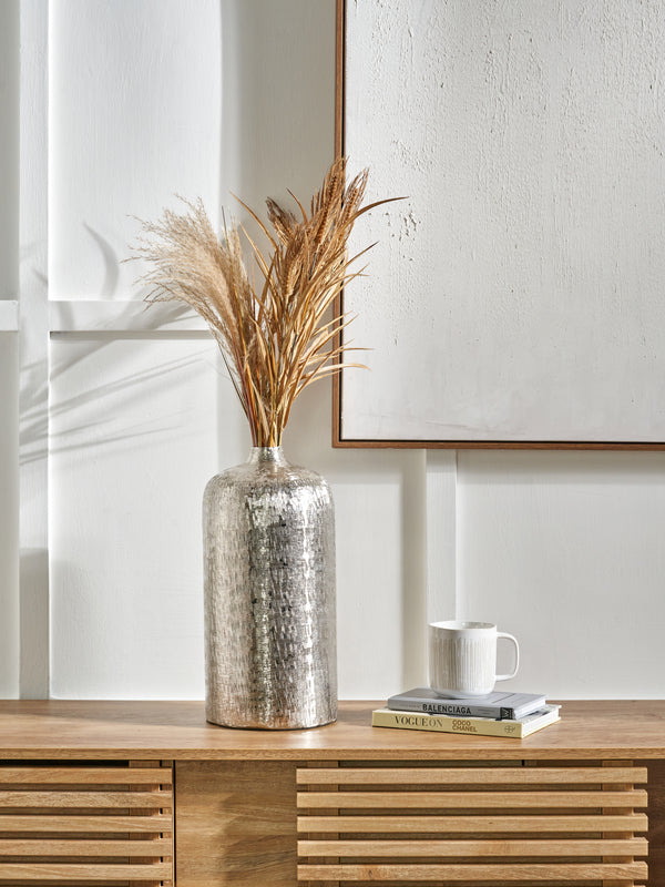 Silver Metal Hammered Vase Tall – Handcrafted Contemporary Statement Piece for Stylish Homes