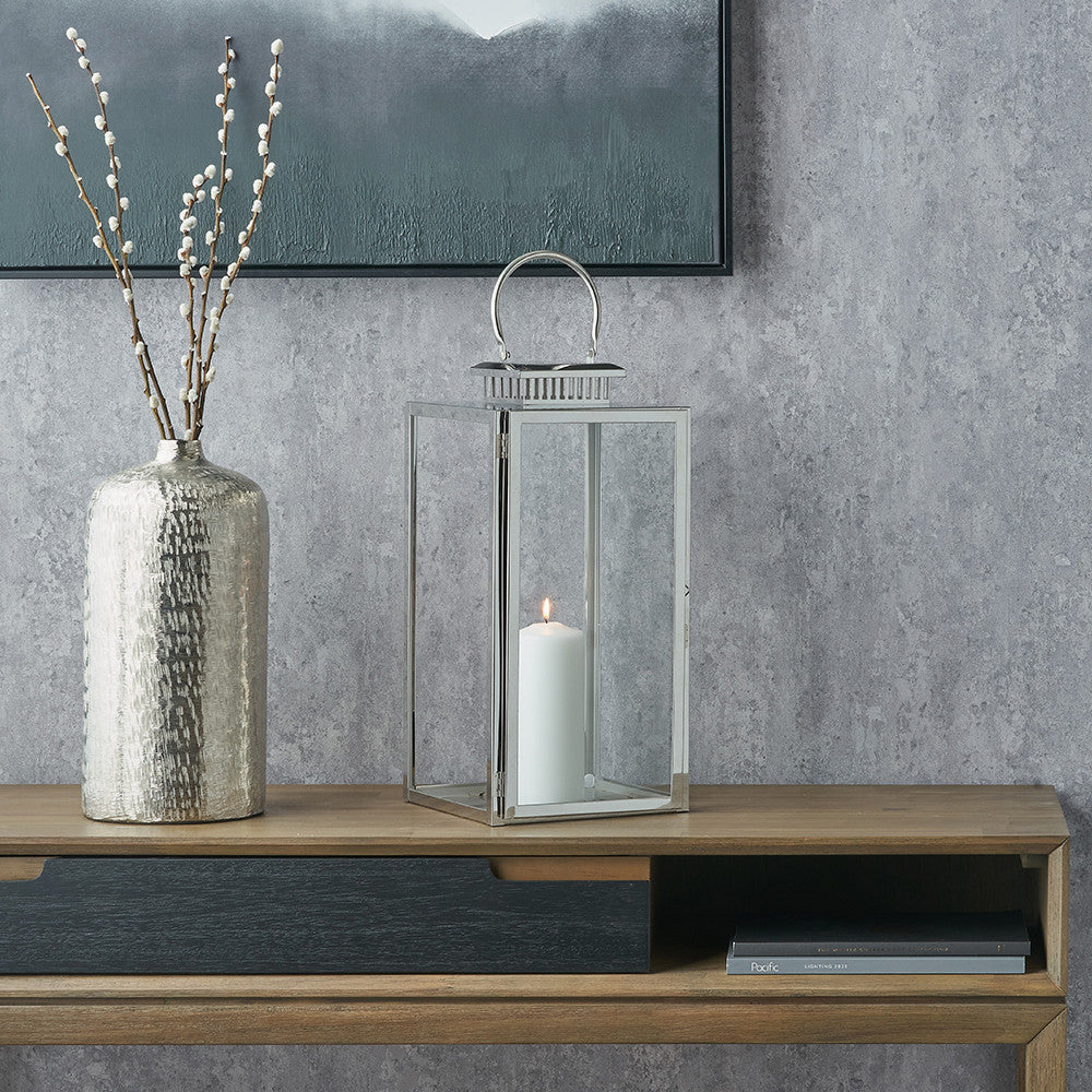 Silver Stainless Steel and Glass Large Rectangular Lantern