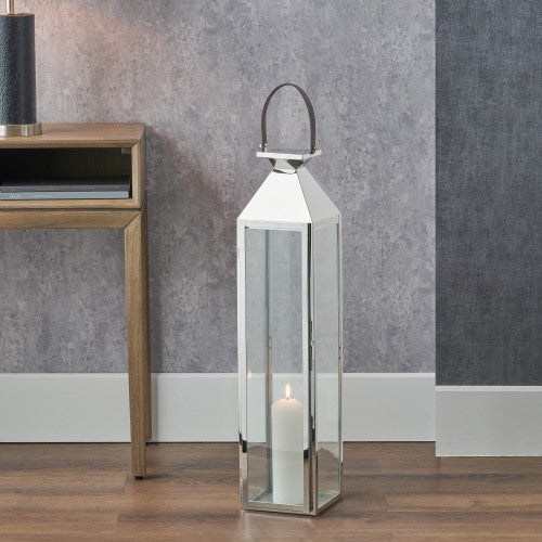 Silver Stainless Steel and Glass Medium Tall Lantern – Elegant Modern Home Lighting