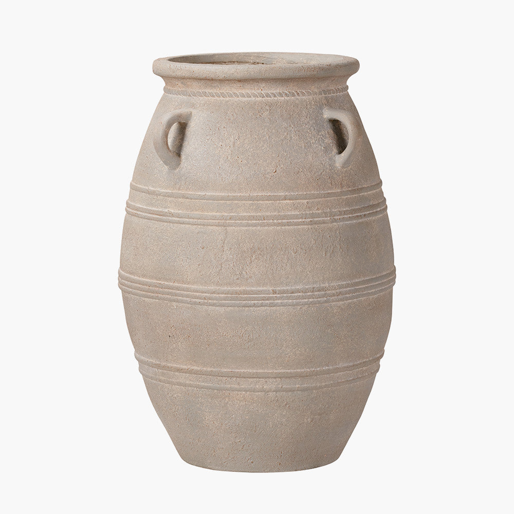 Grey Wash Fibrestone Large Decorative Vase with Handles – Ribbed Statement Floor Vase