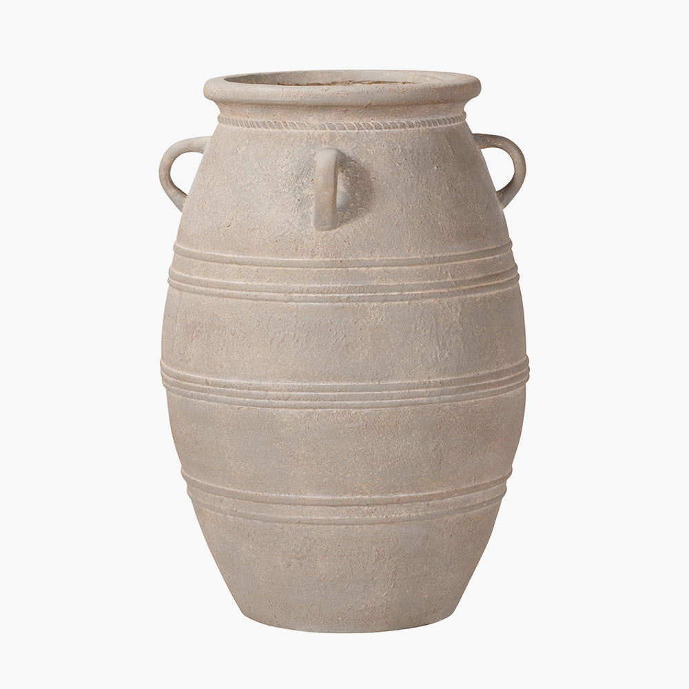 Grey Wash Fibrestone Large Decorative Vase with Handles – Ribbed Statement Floor Vase