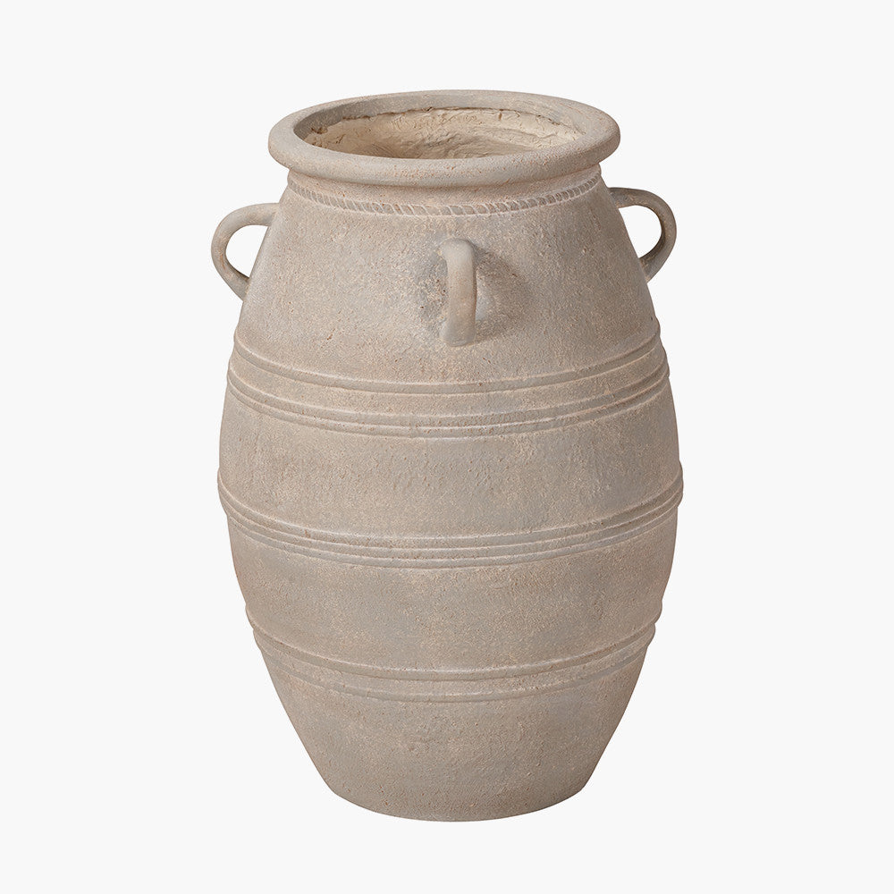 Grey Wash Fibrestone Large Decorative Vase with Handles – Ribbed Statement Floor Vase