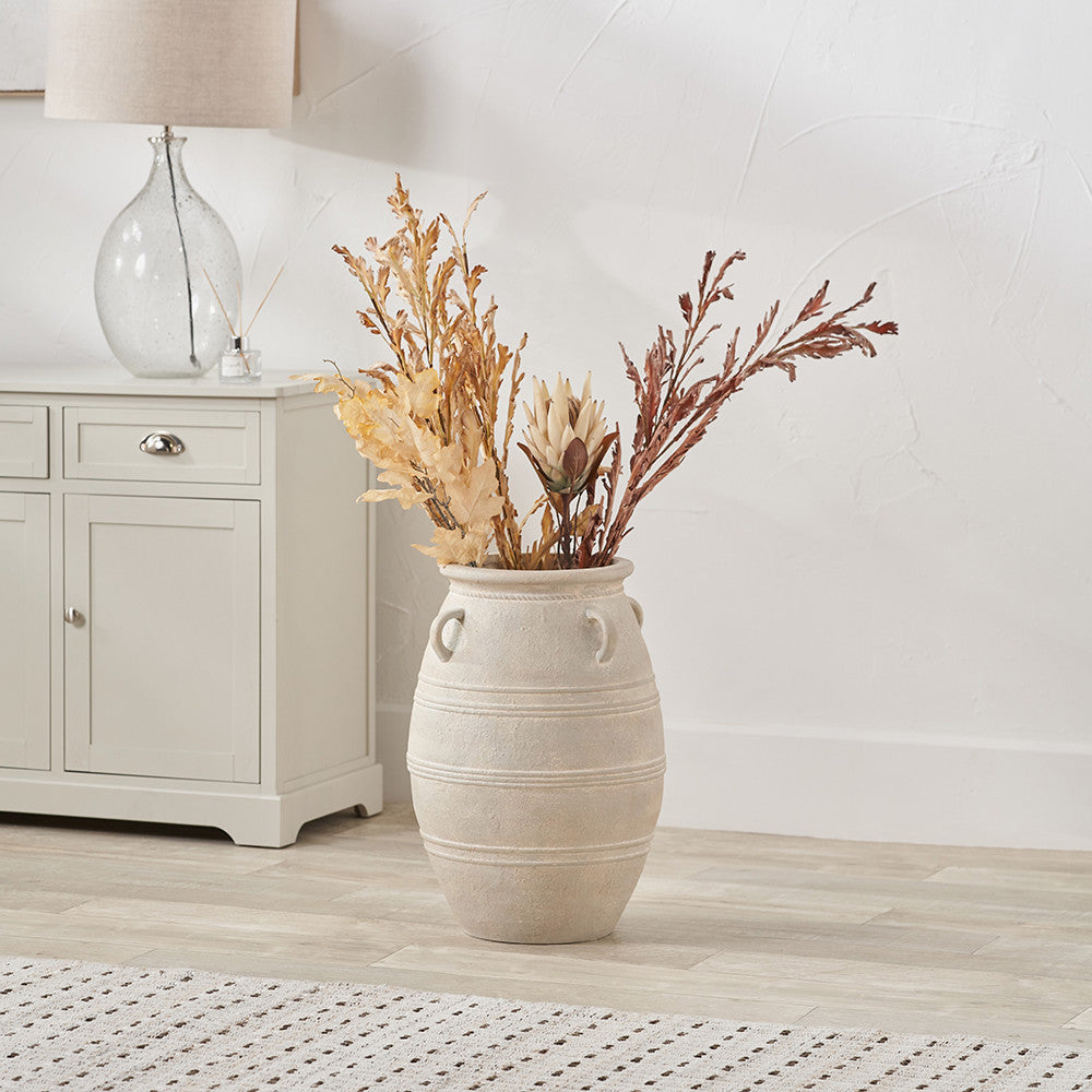 Grey Wash Fibrestone Large Decorative Vase with Handles – Ribbed Statement Floor Vase