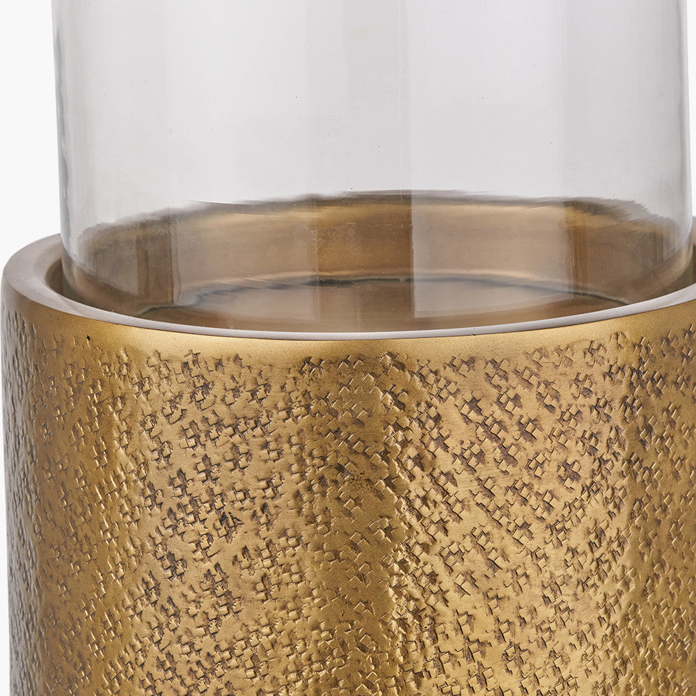 Large Antique Brass Finish Metal and Clear Glass Hurricane