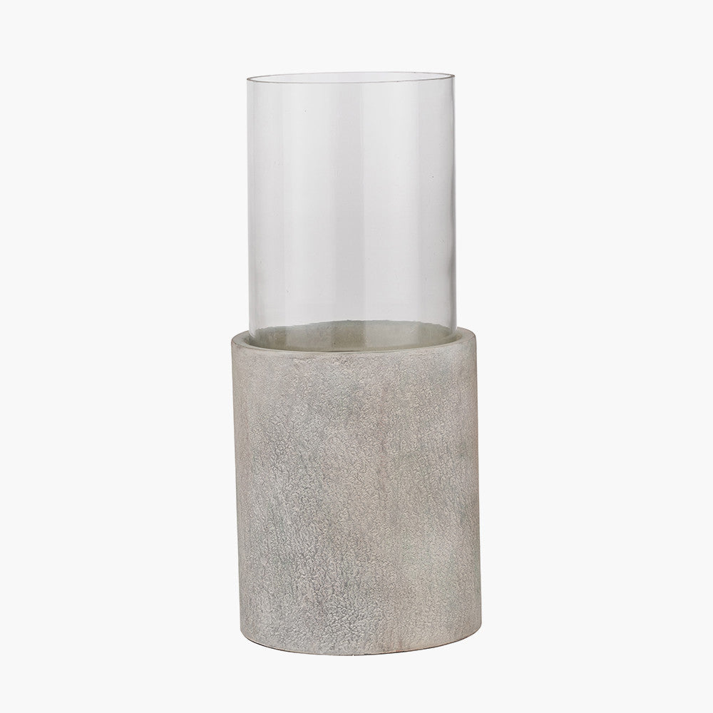 Stone Grey Metal and Clear Glass Hurricane Lantern